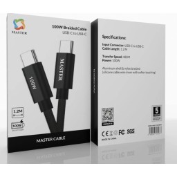 كيبل ماستر مظفر تايب سي الى تايب سي بقدرة شحن 100 واط وطول 1.2 متر Master Braided 100W Cable USB-C to USB-C 1.2M