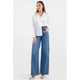 قميص ساتان 3964 أبيض فضفاض 3964 Loose Fit Satin Shirt - White