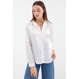 قميص ساتان 3964 أبيض فضفاض 3964 Loose Fit Satin Shirt - White