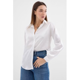 قميص ساتان 3964 أبيض فضفاض 3964 Loose Fit Satin Shirt - White
