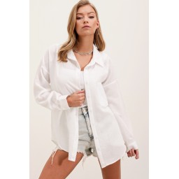 قميص كتان أبيض فضفاض بجيب واحد - 20153 20153 Single Pocket Oversize Linen Shirt - White