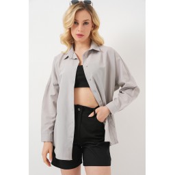 قميص بيزك طويل فضفاض 3900 - رمادي 3900 Oversize Long Basic Shirt - Grey