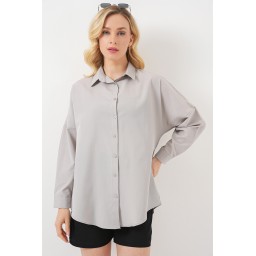قميص بيزك طويل فضفاض 3900 - رمادي 3900 Oversize Long Basic Shirt - Grey