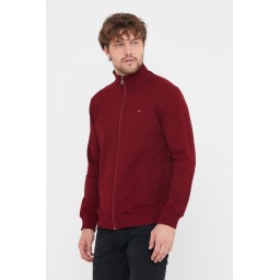 جاكيت كارديجان رجالي بياقة قائمة بسحاب وتطريز، قصة عادية، لون خمري Men's Burgundy Regular Fit Zippered Cardigan with Embroidery Detail and Pockets