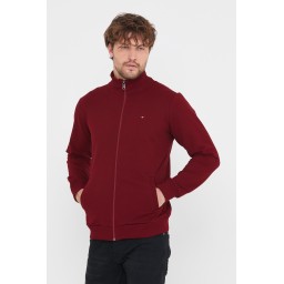جاكيت كارديجان رجالي بياقة قائمة بسحاب وتطريز، قصة عادية، لون خمري Men's Burgundy Regular Fit Zippered Cardigan with Embroidery Detail and Pockets