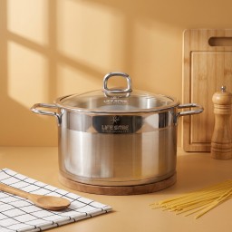 جدر مفرد ستنلس ستيل قبغ زجاج قياس ٢٨ من لايف سمايل 18/10 Stainless Steel Cooking Pot with Glass Lid