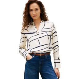قميص نسائي بأكمام طويلة وياقة V وقماش الفيسكوز Viscose Twill V-Neck Long Sleeve Blouse with Button Placket