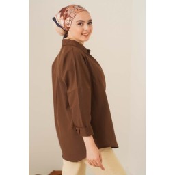 قميص نسائي سادة بأكمام طويلة - بني women Basic Modest Long-Sleeve Shirt - Brown