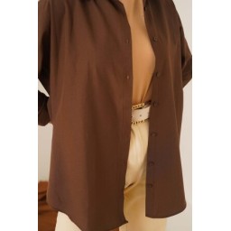 قميص نسائي سادة بأكمام طويلة - بني women Basic Modest Long-Sleeve Shirt - Brown