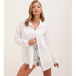 قميص نسائي بأكمام طويلة ونسيج كتان - أبيض Women's Textured Long-Sleeve Linen Blend Shirt - White
