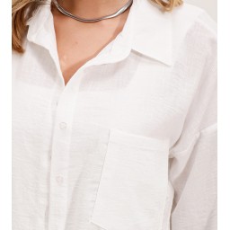 قميص نسائي بأكمام طويلة ونسيج كتان - أبيض Women's Textured Long-Sleeve Linen Blend Shirt - White