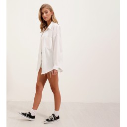 قميص نسائي بأكمام طويلة ونسيج كتان - أبيض Women's Textured Long-Sleeve Linen Blend Shirt - White