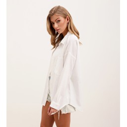 قميص نسائي بأكمام طويلة ونسيج كتان - أبيض Women's Textured Long-Sleeve Linen Blend Shirt - White
