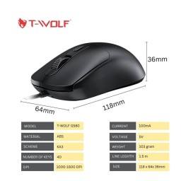 ماوس تي وولف G580 – 4 أزرار – سلكي – أسود T-WOLF G580 Mouse - 4 Buttons - Wired - Black