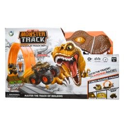 مضمار سباق شاحنات الوحش مع حلقة دوران 360 درجة ورأس ديناصور T-Rex تفاعلي Monster Track Dinosaur Track Set - T-Rex Racing Track with 360 Loop & Light-Up Eyes