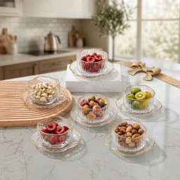 طقم كاسات وأطباق ضيافة زجاجية فاخرة مقلمة ومضلعة بالحافة الذهبية (6 قطع مع الصحون) Luxury Crystal Glass Bowl & Saucer Set with Gold Rim for Nuts & Desserts