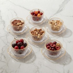 طقم كاسات وأطباق ضيافة زجاجية فاخرة مقلمة ومضلعة بالحافة الذهبية (6 قطع مع الصحون) Luxury Crystal Glass Bowl & Saucer Set with Gold Rim for Nuts & Desserts
