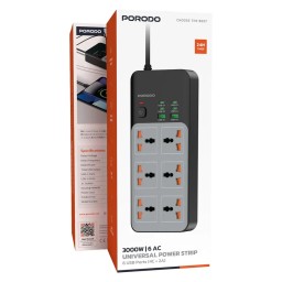 توصيلة كهرباء شحن سريع "بورودو" 6 منافذ عامة بقدرة 3000W مع 6 منافذ USB شحن سريع (4C+2A) Porodo 3000W 6AC Universal Power Strip with 6 Fast Charging USB Ports (4C+2A)