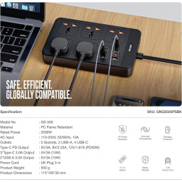 موزع طاقة جرين لايون 2500 واط 5 منافذ و6 منافذ يو إس بي Green Lion 2500W Power Socket 5 Outlets 6 USB Ports