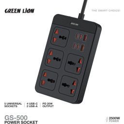 موزع طاقة جرين لايون 2500 واط 5 منافذ و6 منافذ يو إس بي Green Lion 2500W Power Socket 5 Outlets 6 USB Ports