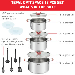 طقم قدور تيفال أوبتي سبيس ٣ قطع مع أغطية Tefal Opti'Space 3 Pieces Cookware Set with Lids