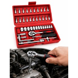 طقم مفاتيح مع لقم 46 قطعه 46-Piece Ratchet Socket & Bit Set