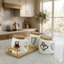 طقم علب حفظ الشاي والسكر والقند سيراميك مع أغطية وحامل من خشب البامبو (3 قطع) 3-Piece Ceramic Tea, Sugar & Sugar Cubes Canister Set with Bamboo Lids & Tray