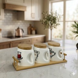 طقم علب حفظ الشاي والسكر والقند سيراميك مع أغطية وحامل من خشب البامبو (3 قطع) 3-Piece Ceramic Tea, Sugar & Sugar Cubes Canister Set with Bamboo Lids & Tray