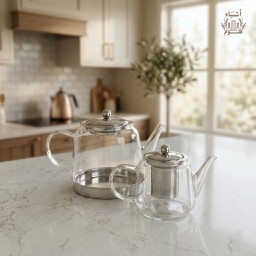 طقم إبريق شاي زجاجي مزدوج (قوري تركيا) مع مصفاة استانلس ستيل وقاعدة معدنية Double Layer Glass Teapot Set with Stainless Steel Infuser & Metal Base