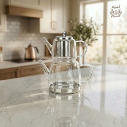 طقم إبريق شاي زجاجي مزدوج (قوري تركيا) مع مصفاة استانلس ستيل وقاعدة معدنية Double Layer Glass Teapot Set with Stainless Steel Infuser & Metal Base
