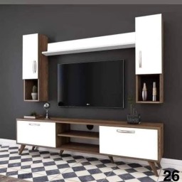 وحدة تلفزيون كاملة بتصاميم  عصرية متعددة  خشب mdf تركي اصلي درجة اولى Complete TV unit with multiple modern designs, made of genuine Turkish MDF wood, first grade.