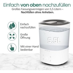 مرطب جو وموزع روائح عطرة بالموجات فوق الصوتية يتميز بتصميم أسطواني أبيض وشاشة رقمية وسعة خزان تبلغ 5.5 لتر. Emerio Ultrasonic Humidifier