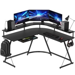 مكتب ألعاب SHW Vista بشكل L مع حامل شاشة كامل حول المكتب ودرج أسود SHW L Shaped Gaming Desk with Full Around Monitor Stand and Drawer, Black