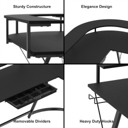 مكتب ألعاب SHW Vista بشكل L مع حامل شاشة كامل حول المكتب ودرج أسود SHW L Shaped Gaming Desk with Full Around Monitor Stand and Drawer, Black