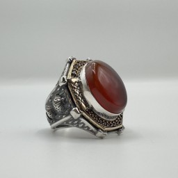 خاتم عقيق يماني احمر تصميم دائري Red Yemeni Agate Circular Design Ring