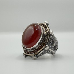 خاتم عقيق يماني احمر تصميم دائري Red Yemeni Agate Circular Design Ring