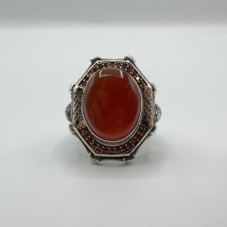 خاتم عقيق يماني احمر تصميم دائري Red Yemeni Agate Circular Design Ring