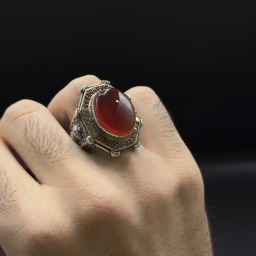 خاتم عقيق يماني احمر تصميم دائري Red Yemeni Agate Circular Design Ring