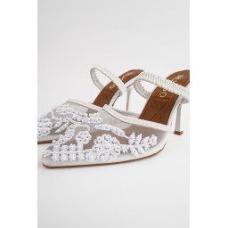 Muggo PEARLY حذاء نسائي بكعب رفيع مدبب مزين بالخرز والشبك - أبيض Muggo PEARLY Pointed Toe Beaded Mesh Stiletto Mules for Women - White
