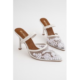 Muggo PEARLY حذاء نسائي بكعب رفيع مدبب مزين بالخرز والشبك - أبيض Muggo PEARLY Pointed Toe Beaded Mesh Stiletto Mules for Women - White