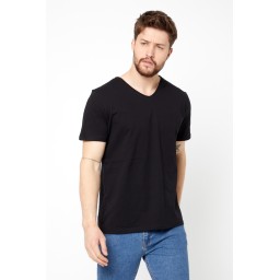 تي شيرت رجالي Indigo قطن 100% أساسي بقصة عادية وياقة V وأكمام قصيرة - أسود Men's Indigo 100% Cotton Basic Regular Fit V-Neck Short Sleeve T-Shirt - Black