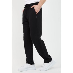بنطلون رياضي رجالي أسود بخصر مطاطي وقصة مستقيمة مع جيب خلفي وتفاصيل ملصق Men's Black Straight Leg Sweatpants with Elastic Waist, Back Pocket & Label Detail