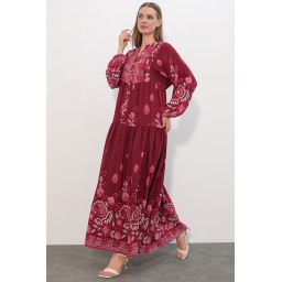 فستان نسائي طويل محتشم بنقشة 2585 - C. Bordo Women's Patterned Long Modest Dress 2585 - C. Bordo
