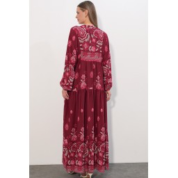 فستان نسائي طويل محتشم بنقشة 2585 - C. Bordo Women's Patterned Long Modest Dress 2585 - C. Bordo