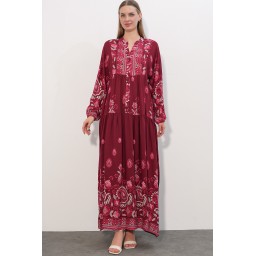 فستان نسائي طويل محتشم بنقشة 2585 - C. Bordo Women's Patterned Long Modest Dress 2585 - C. Bordo