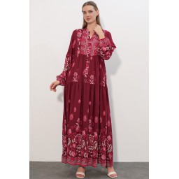 فستان نسائي طويل محتشم بنقشة 2585 - C. Bordo Women's Patterned Long Modest Dress 2585 - C. Bordo