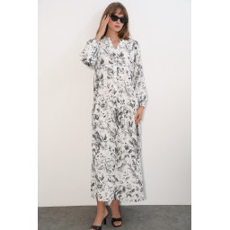 فستان نسائي طويل محتشم بنقشة - أبيض - 2585 Women's Patterned Long Modest Dress 2585 - White
