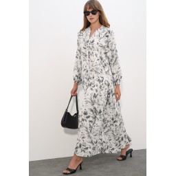 فستان نسائي طويل محتشم بنقشة - أبيض - 2585 Women's Patterned Long Modest Dress 2585 - White