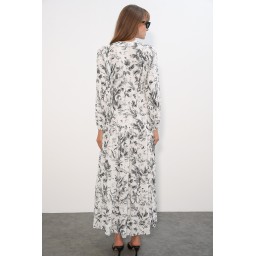 فستان نسائي طويل محتشم بنقشة - أبيض - 2585 Women's Patterned Long Modest Dress 2585 - White
