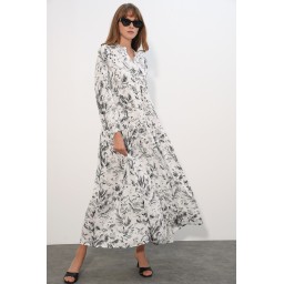 فستان نسائي طويل محتشم بنقشة - أبيض - 2585 Women's Patterned Long Modest Dress 2585 - White